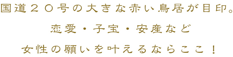 国道20号の大きな赤い鳥居が目印。恋愛・子宝・安産など女性の願いを叶えるならここ！