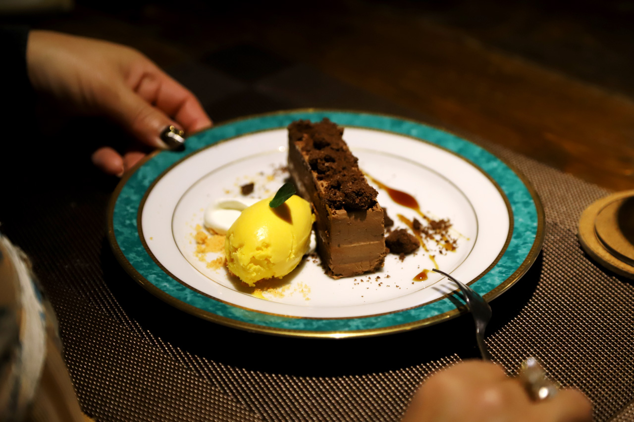 Chocolate mousse cake and pumpkin gelato