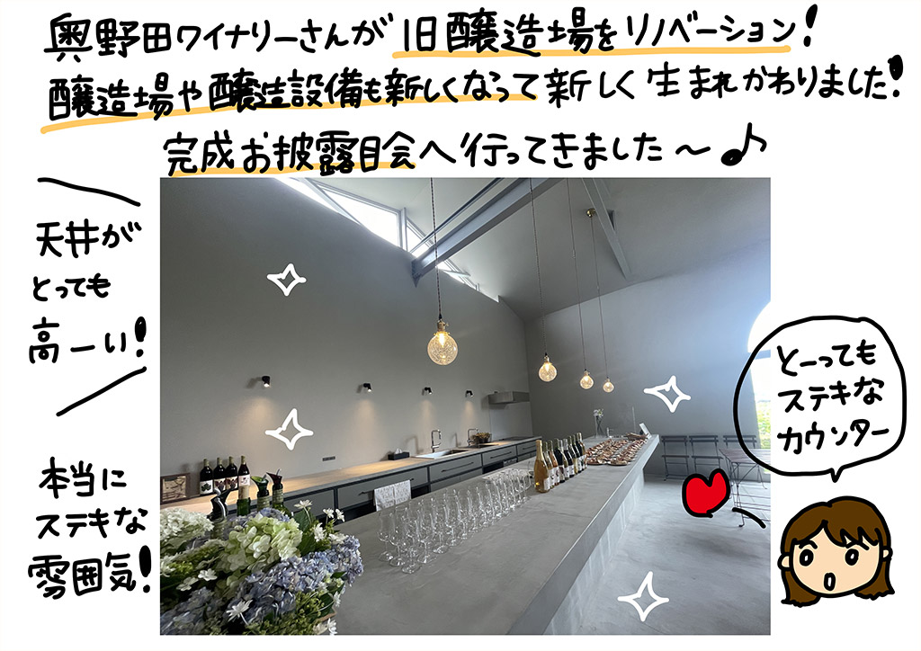 奥野田ワイナリーさんが旧醸造場をリノベーション！醸造場や醸造設備を新しくなって新しく生まれ変わりました！完成お披露目会へ行ってきました～♪天井がとっても高―い！とっても素敵なカウンター！